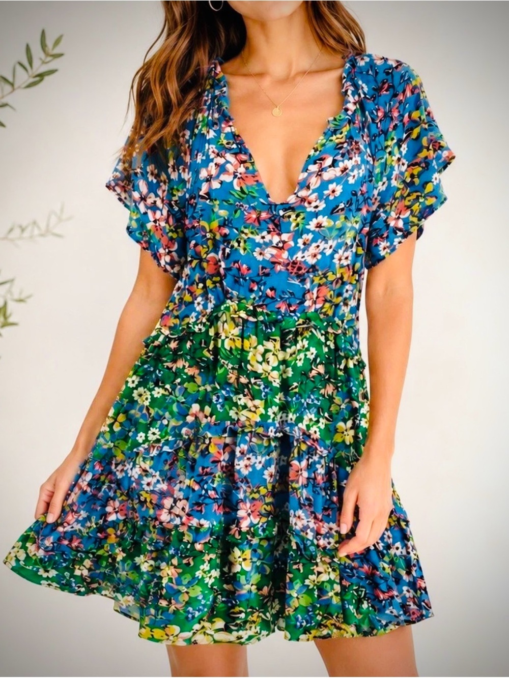 By Anthropologie Robin Mini Dress Tiered Ruffle Floral Oversized Flutter Boho XS